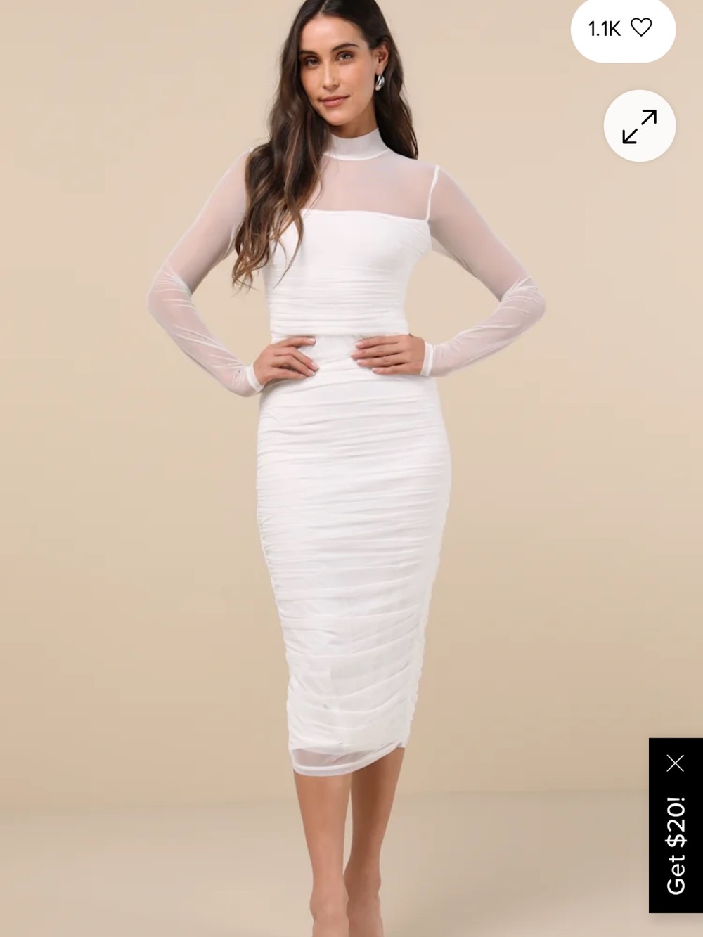 Impressive Flirt white mesh ruched Sheer Sleeve White Midi Dress by Lulus